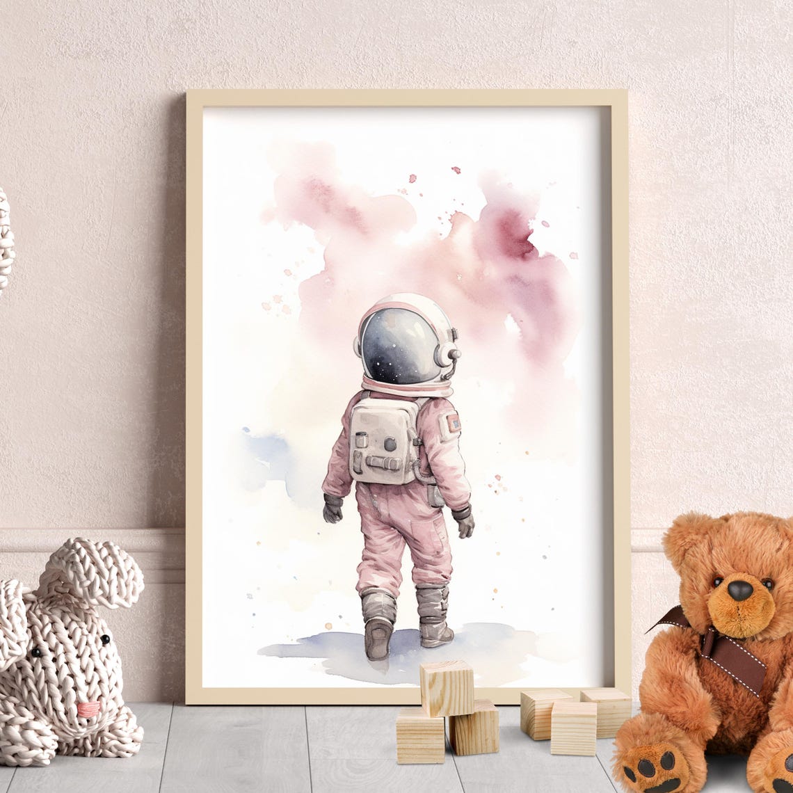 Little Girl Astronaut In Pink Spacesuit Dreamy Nursery Wall Art