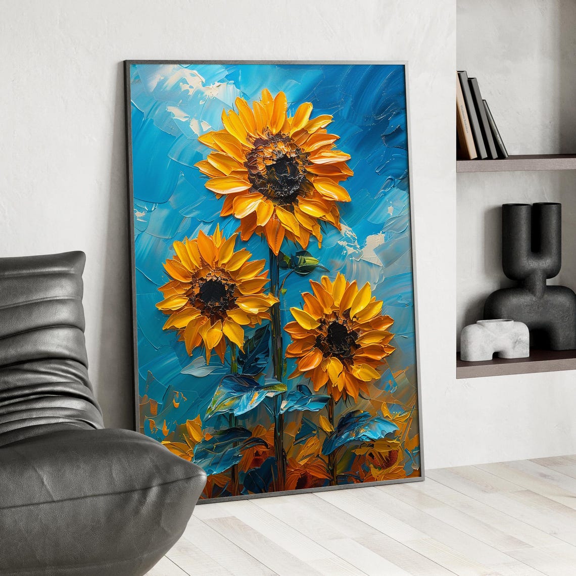 Sunflowers Blue Sky Textured Oil Painting Floral Decor Poster