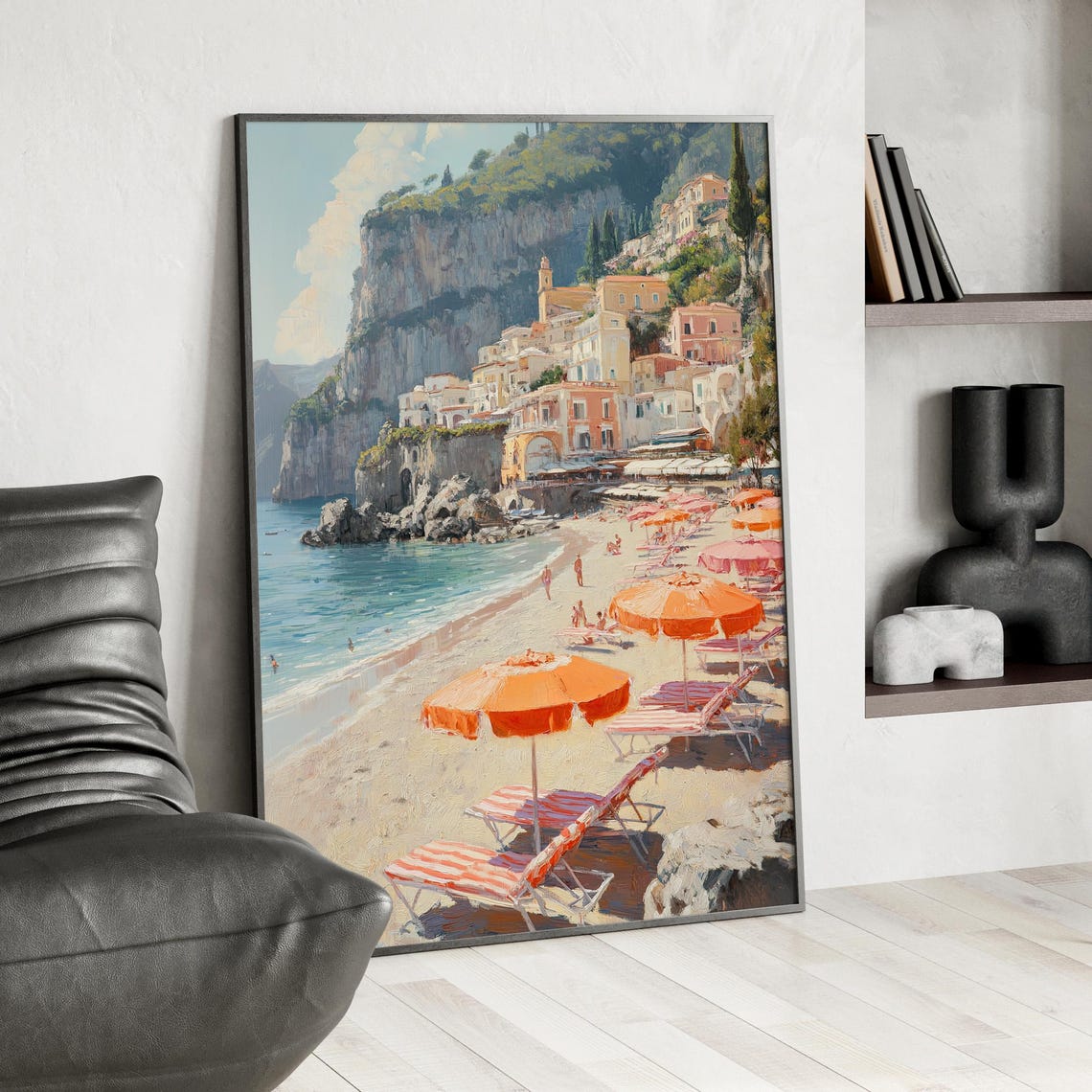 Amalfi Coast Sunlit Beach With Orange Umbrellas Under Cliffs Poster