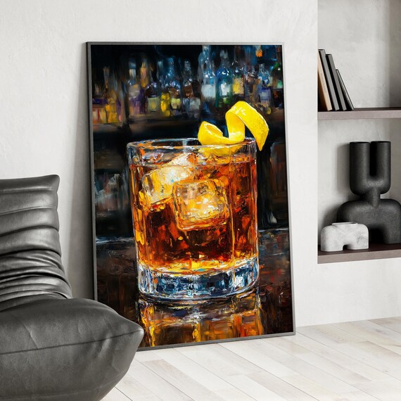 Rusty Nail Cocktail In Whiskey Glass Oil Painting Bar Poster