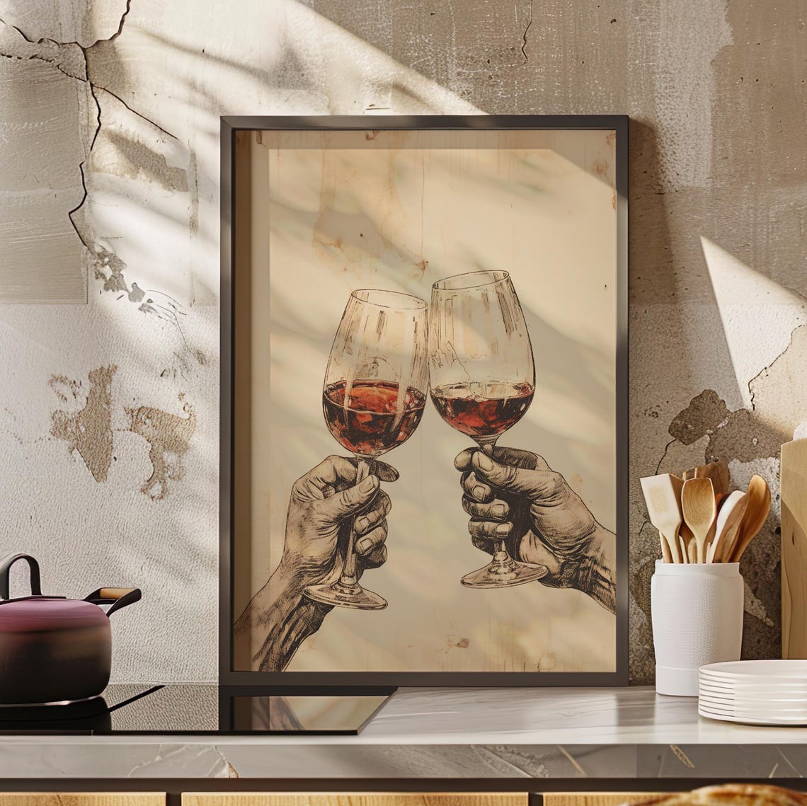 Two Hands Toasting Wine Glasses Sketch Style Vintage Kitchen Poster