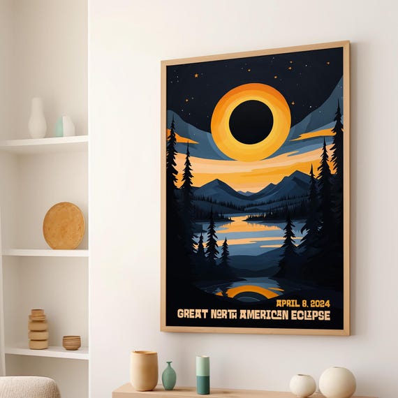 Great North Eclipse Painting Poster Or Canvas Lake And Mountains Art Blue Yellow Sky Solar Decor Midcentury Modern