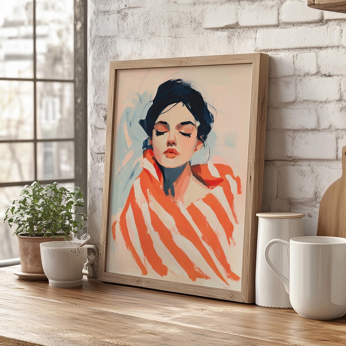 Abstract Woman Portrait Orange Striped Modern Minimalist Art Poster