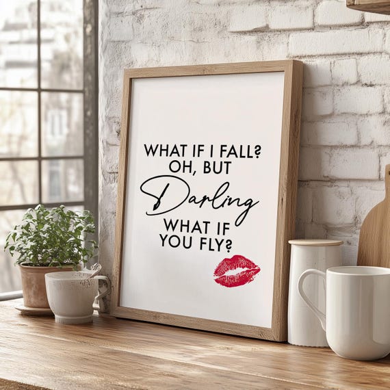Kiss What If I Fall You Fly Quote Poster Or Canvas Print Inspirational Wall Decor Typography Art Minimalist Lipstick