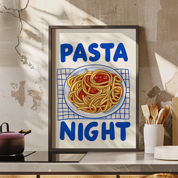 Pasta Night Typography Spaghetti Kitchen Retro Fun Art Poster