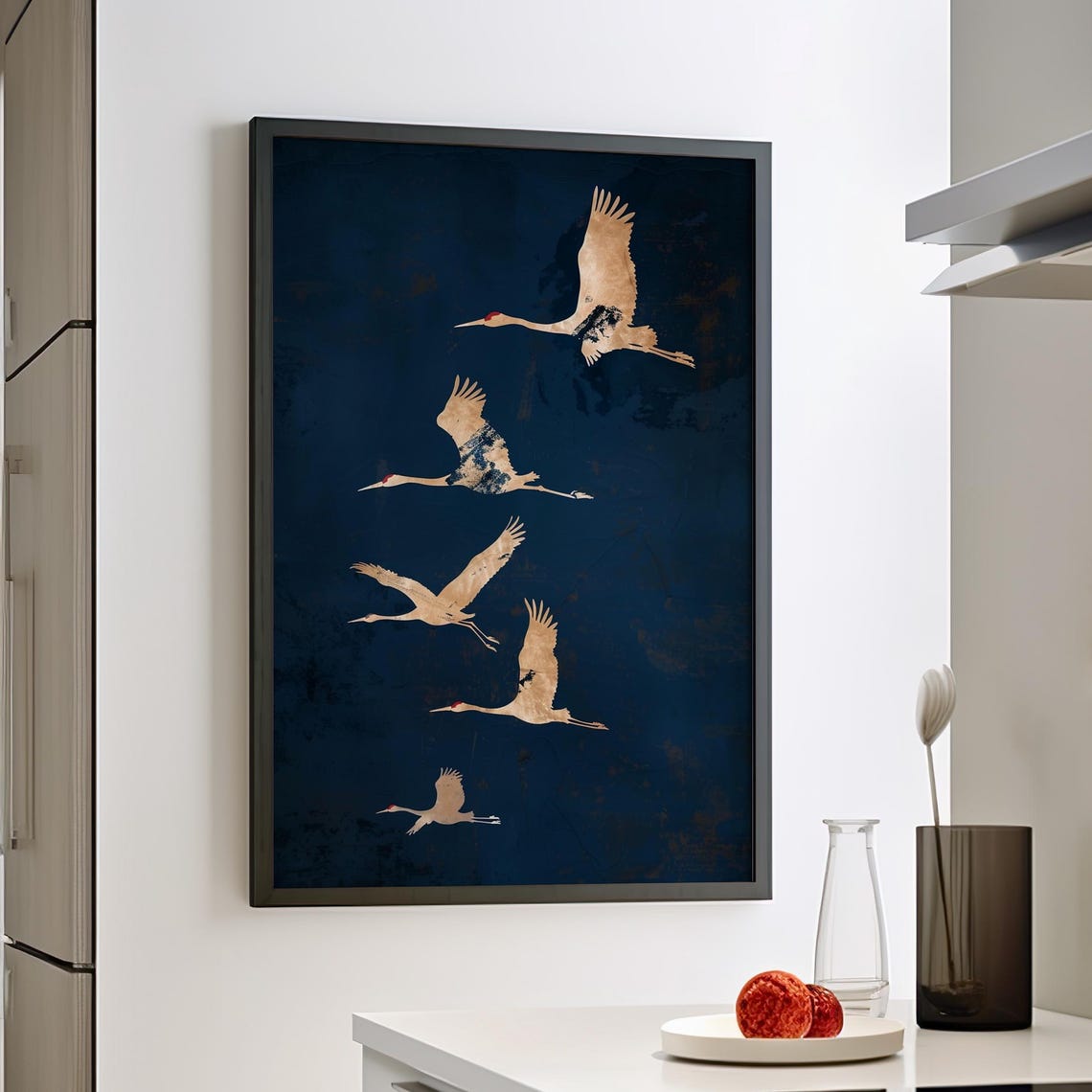 Five Golden Cranes Dark Navy Japanese Minimalist Bird Poster
