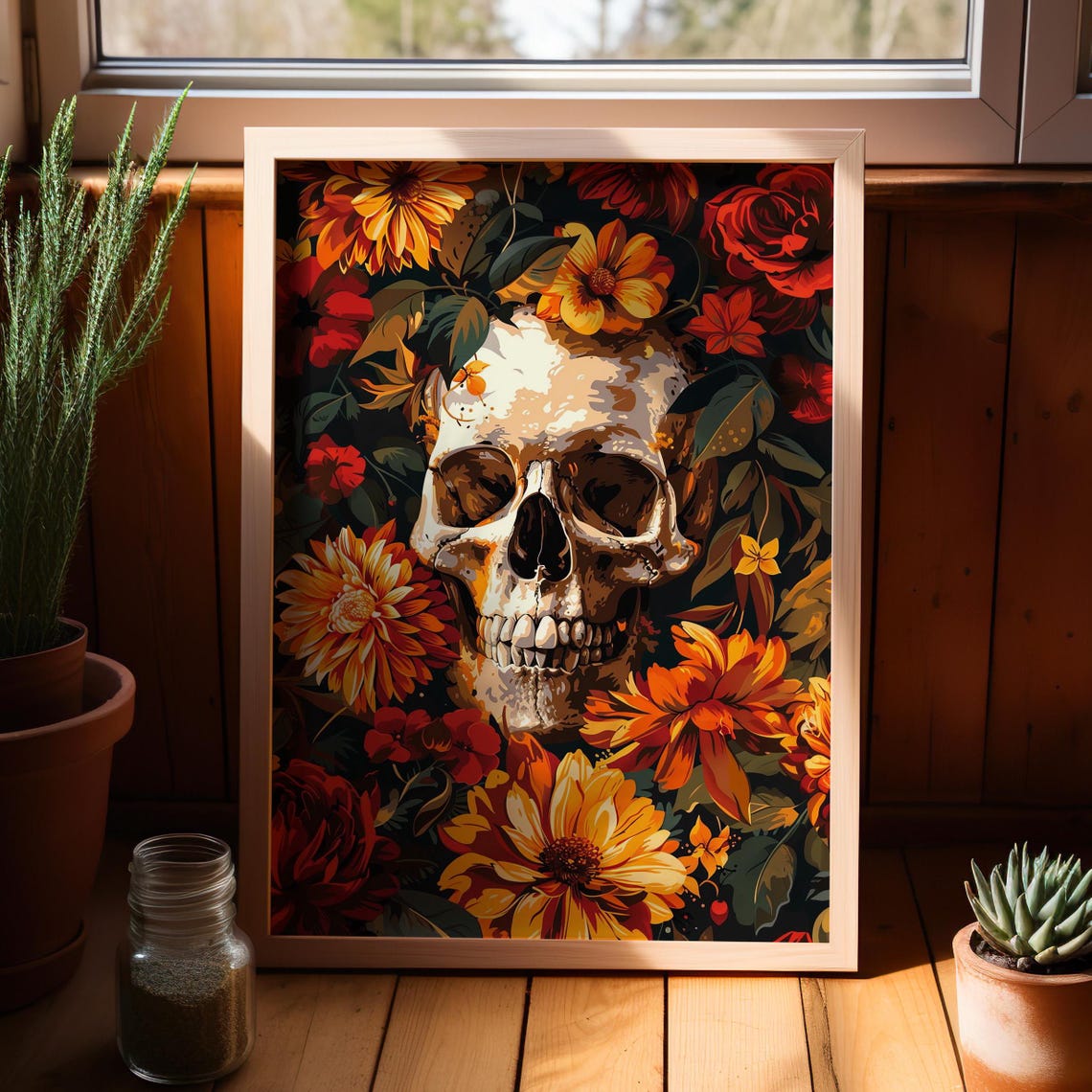 Skull Face Floral Art Print Poster Or Canvas Flowers And Botanical Skeleton Gothic Wall Boho Decor