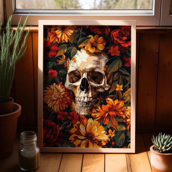 Skull Face Floral Art Print Poster Or Canvas Flowers And Botanical Skeleton Gothic Wall Boho Decor