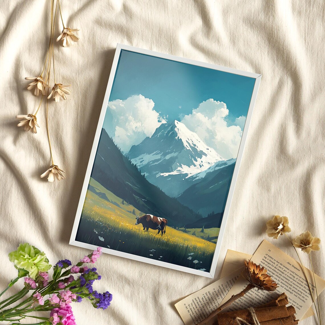 Brown Cow Valley Green Meadow Snowy Mountain Peak Oil Poster