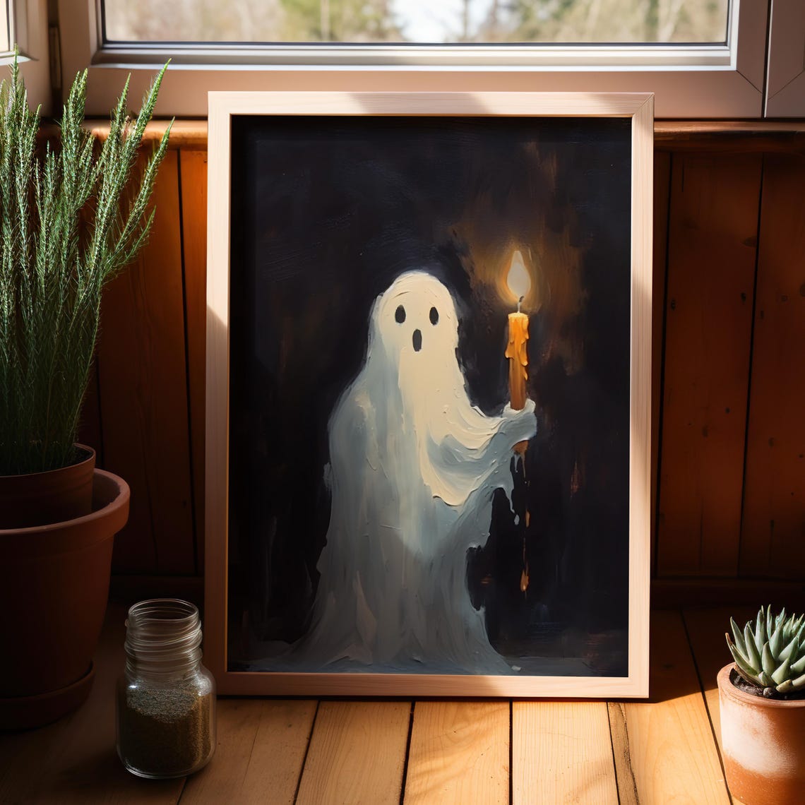 Cute Ghost Holding a Candle Dark Palette Knife Halloween Art Poster