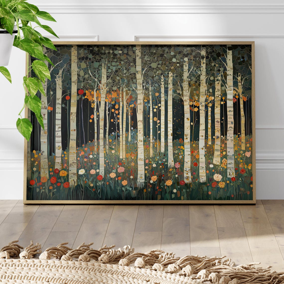 Autumn Birch Forest Wildflowers Mosaic Style Botanical Wall Art