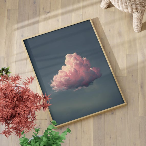 Surreal Pink Cloud Wall Art Poster Or Canvas Print Moody Night Sky Decor Greenish Blue Abstract Trendy Above Bed Fantasy