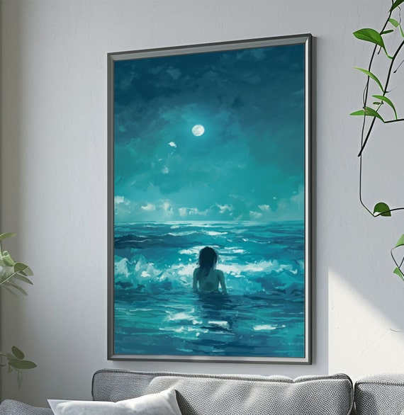 Woman In The Blue Sea Art Print Or Canvas Abstract Swimming Ocean Poster Wall Watching Painting Portrait Elegant Decor