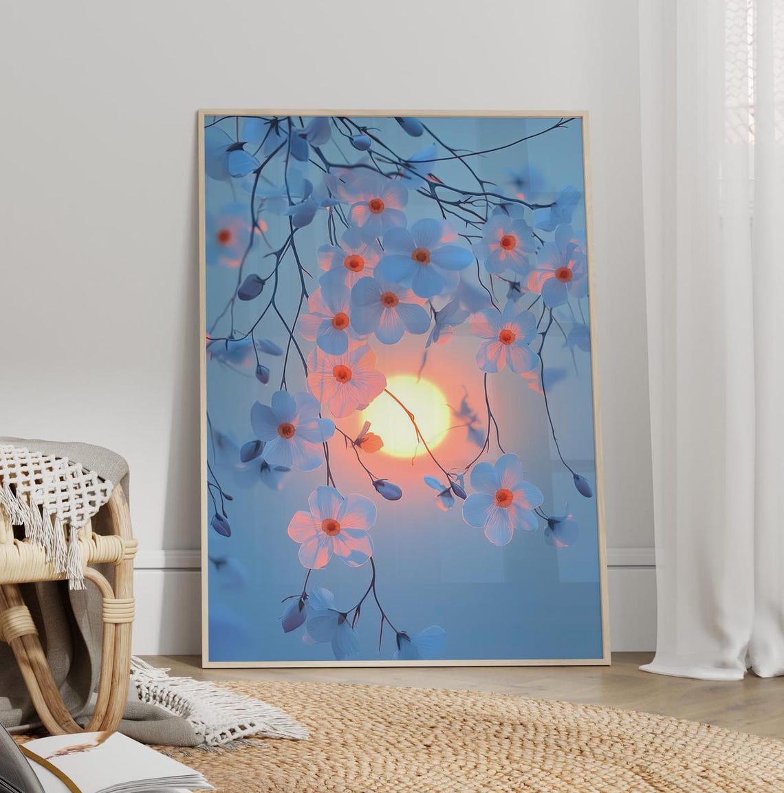 Sunset Behind White Flowers Light Blue Wall Art Poster Or Canvas Print Floral Botanical Flower Sunrise Nature