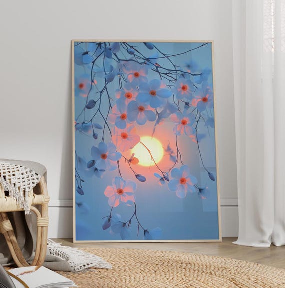Sunset Behind White Flowers Light Blue Wall Art Poster Or Canvas Print Floral Botanical Flower Sunrise Nature