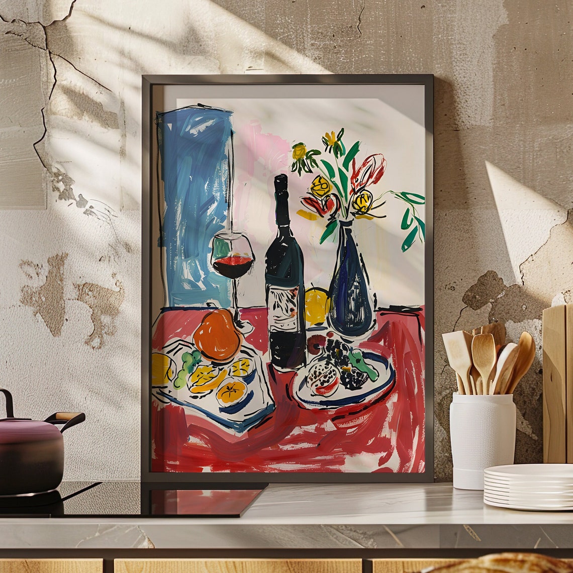 Retro Abstract Dinner Table Wine Fruit Still Life Art Poster