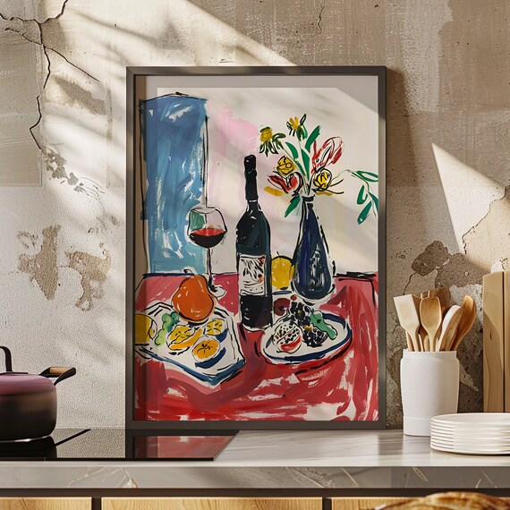 Dinner Table Food Painting Poster Or Canvas Print Retro Abstract Illustration Vintage Kitchen Restaurant Decor
