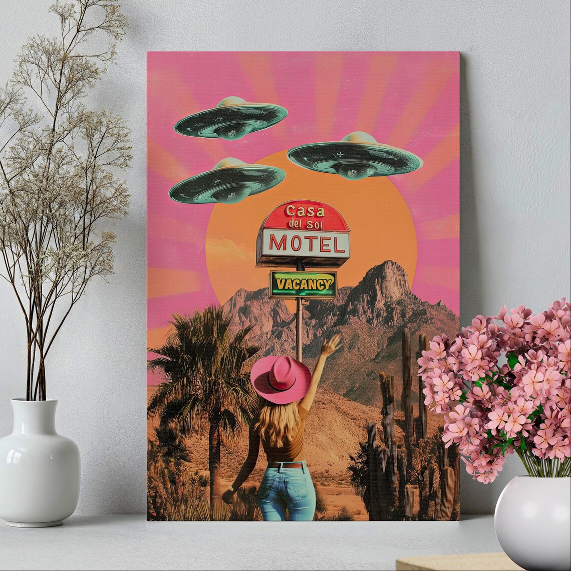 UFO Casa Del Sol Motel Cowgirl Retro Desert Sunset Collage Poster - Image 2
