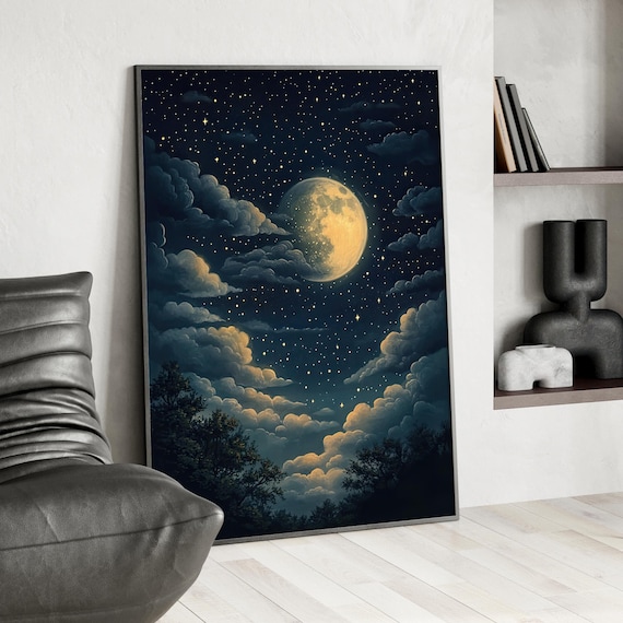 Starry Night Moon And Clouds Poster Mystic Celestial Dreamy Sky