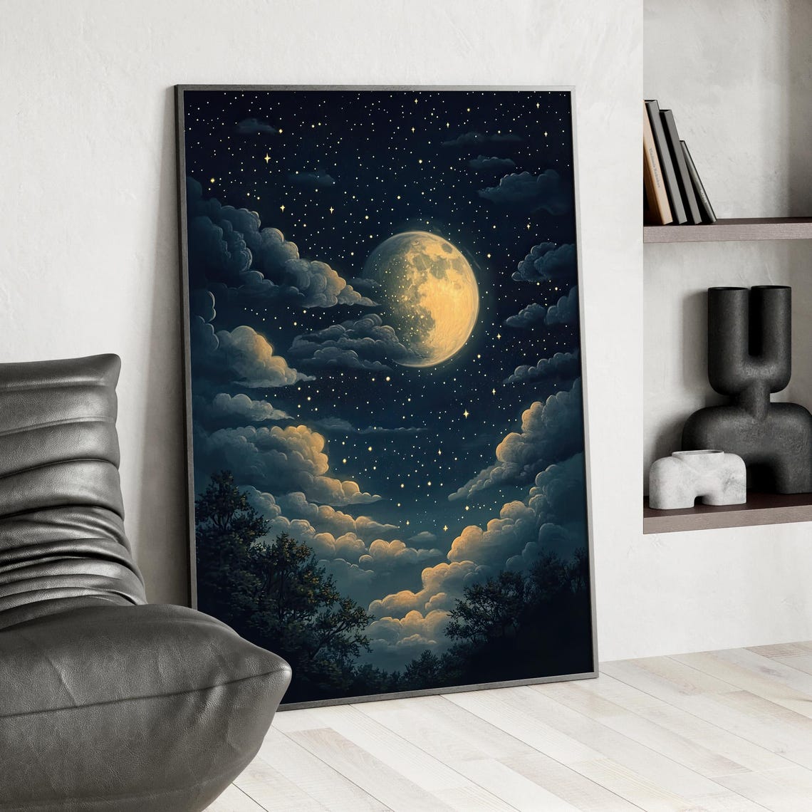 Starry Night Moon And Clouds Poster Mystic Celestial Dreamy Sky