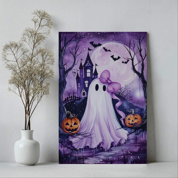 Purple Sheet With Bow On Her Spooky Painting Poster Or Canvas Print Whimsigoth Funny Halloween Wall Decor
