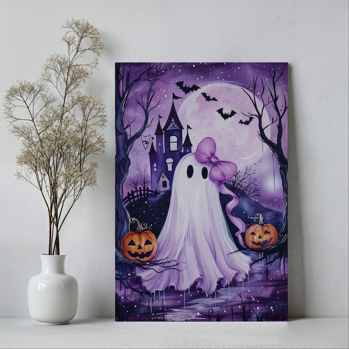 Purple Sheet With Bow On Her Spooky Painting Poster Or Canvas Print Whimsigoth Funny Halloween Wall Decor