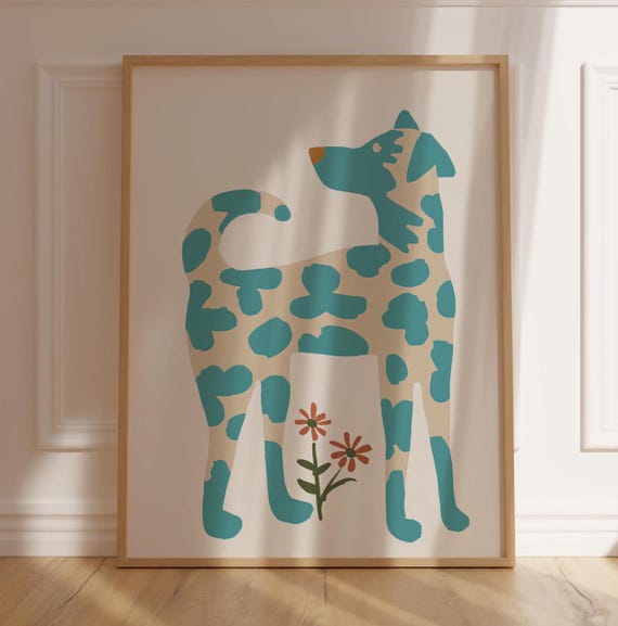 Funny Dalmatian Portrait Poster Or Canvas Print Whimsical Animal Minimalist Teal Blue Dog Home Decor Kid Room