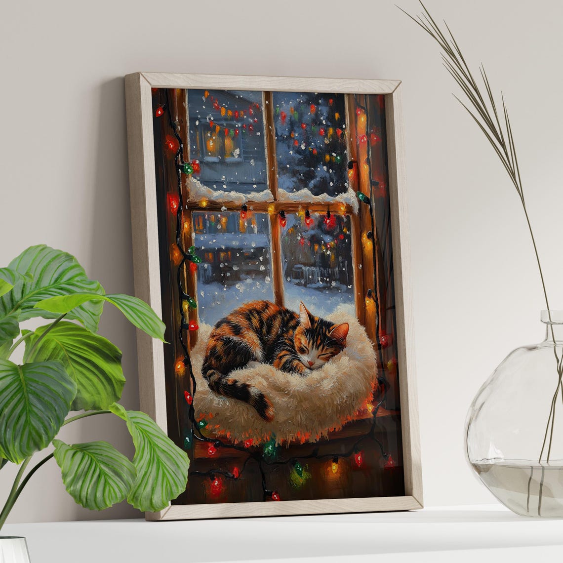 Sleeping Tortoiseshell Cat Christmas Windowseat Cozy Winter Wall Art