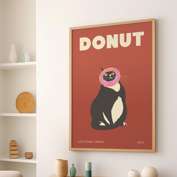 Funny Black Cat With Donut Face Retro Red Kitchen Humor Poster