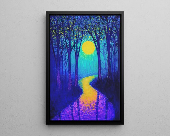 Moonlit Forest Path Glowing Moon Purple Blue Night Painting Print