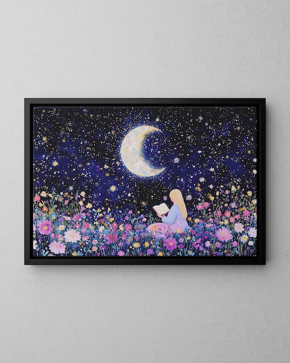 Girl Reading Under Crescent Moon Starry Night Flower Meadow Art Print