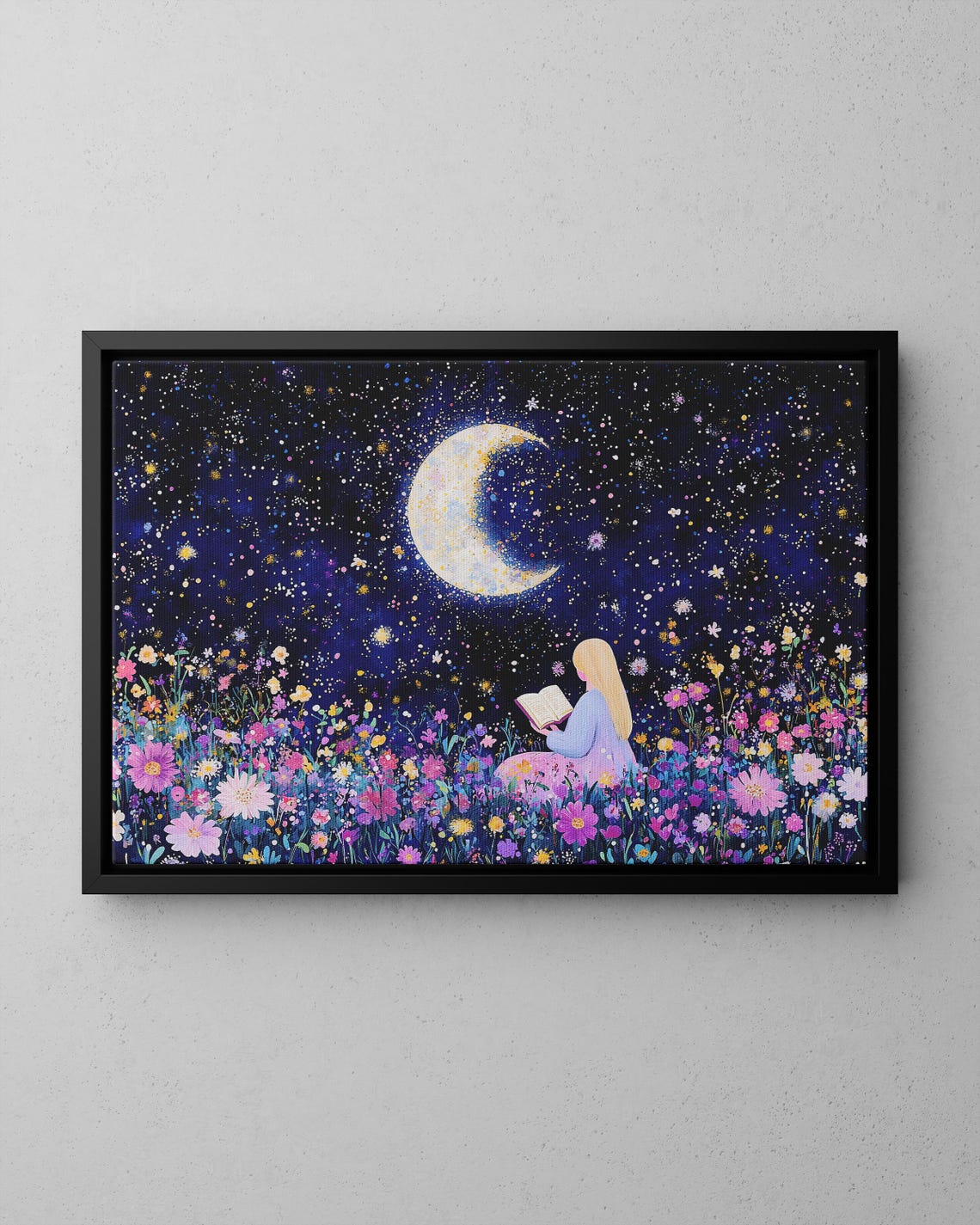 Girl Reading Under Crescent Moon Starry Night Flower Meadow Art Print