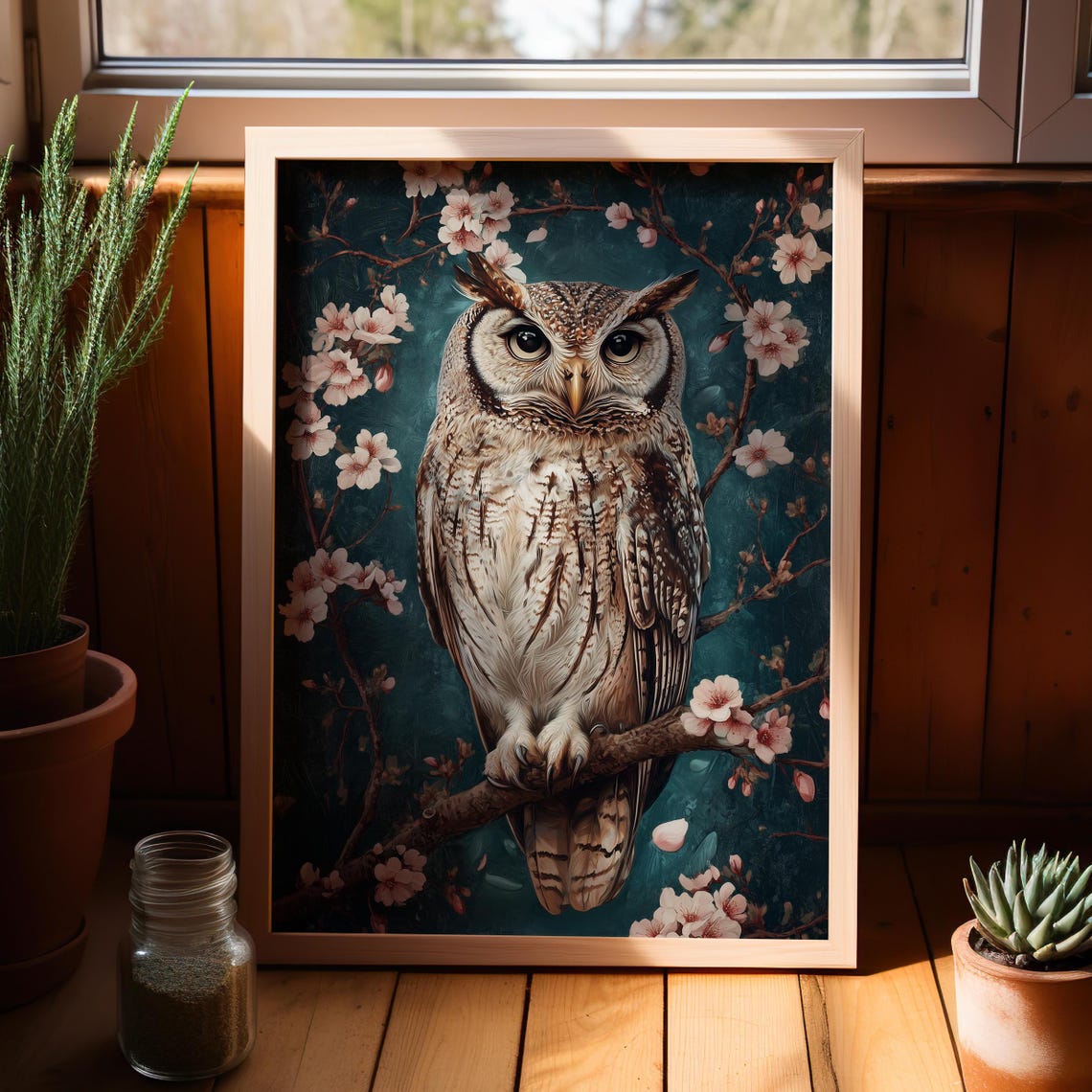 Owl on Cherry Blossom Branch Teal Night Art Bird Lover Poster