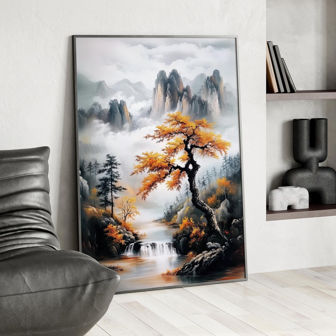 Misty Japanese Mountain River Autumn Waterfall Asian Art Poster