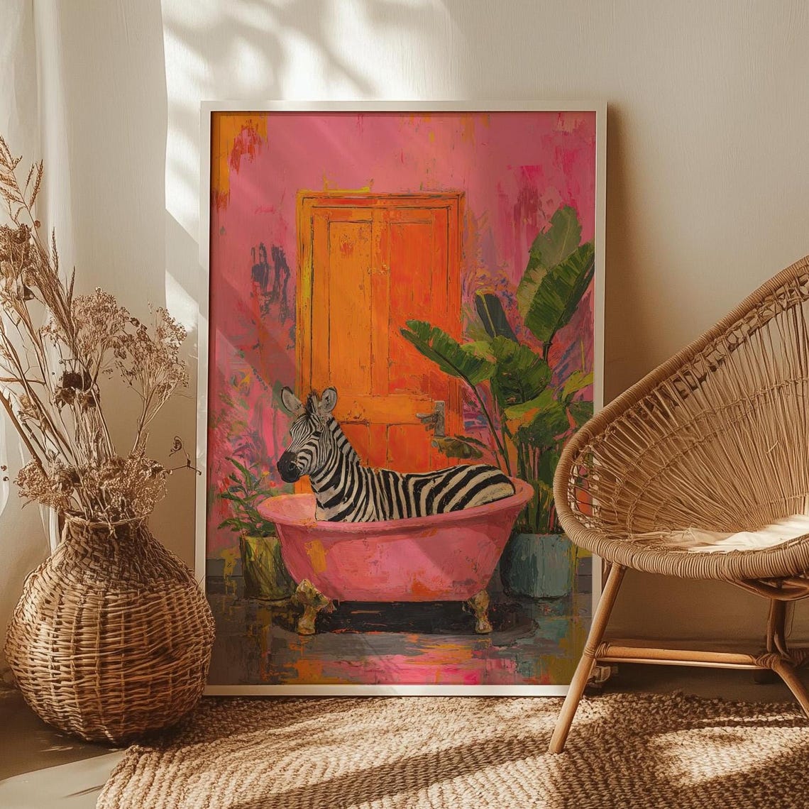 Zebra Relaxing in Pink Bathtub Funny Maximalist Bathroom Decor Poster