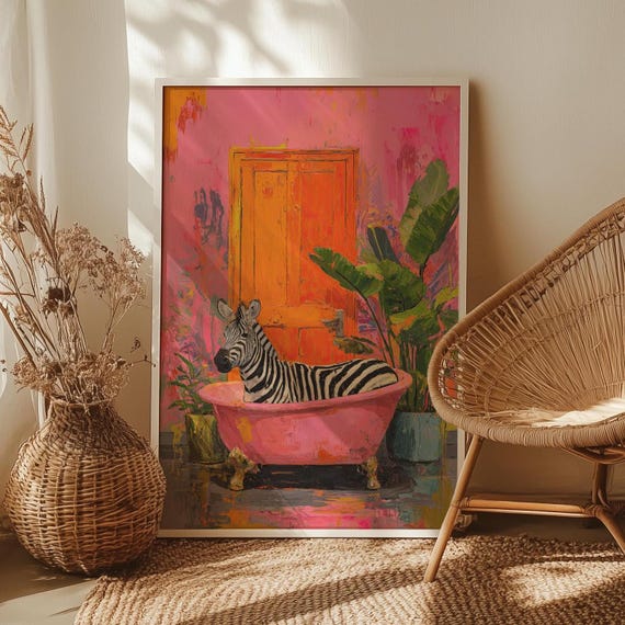 Zebra In The Bathtub Wall Art Poster Or Canvas Print Funny Bathroom Botanical Animal Maximalist Decor