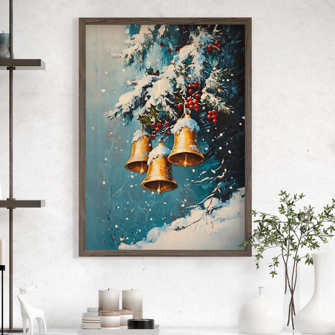 Three Golden Bells on Snowy Pine Branch Vintage Christmas Wall Art