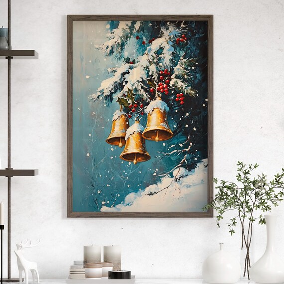 Three Golden Bells on Snowy Pine Branch Vintage Christmas Wall Art
