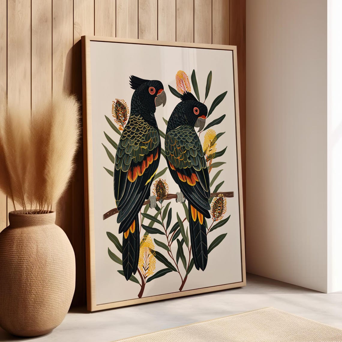 Two Black Cockatoos with Banksia Australian Bird Botanical Art Print