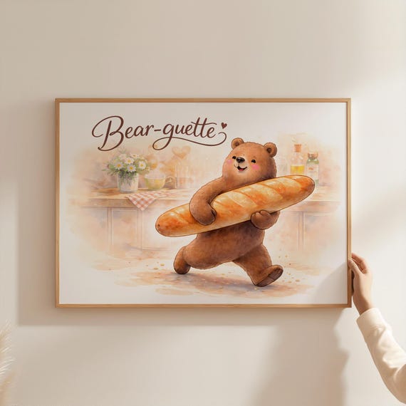 Bearguette Poster Funny Bear Baguette Wall Art French Foodie Animal Kitchen Bakery Decor Gift