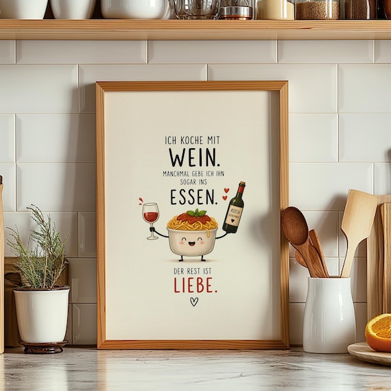 I Cook With Wine Funny German Pasta Kitchen Quote Lovers Print
