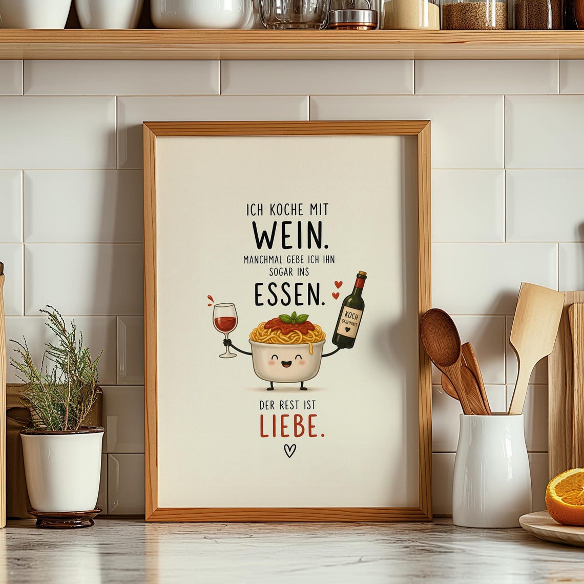 I Cook With Wine Funny German Pasta Kitchen Quote Lovers Print