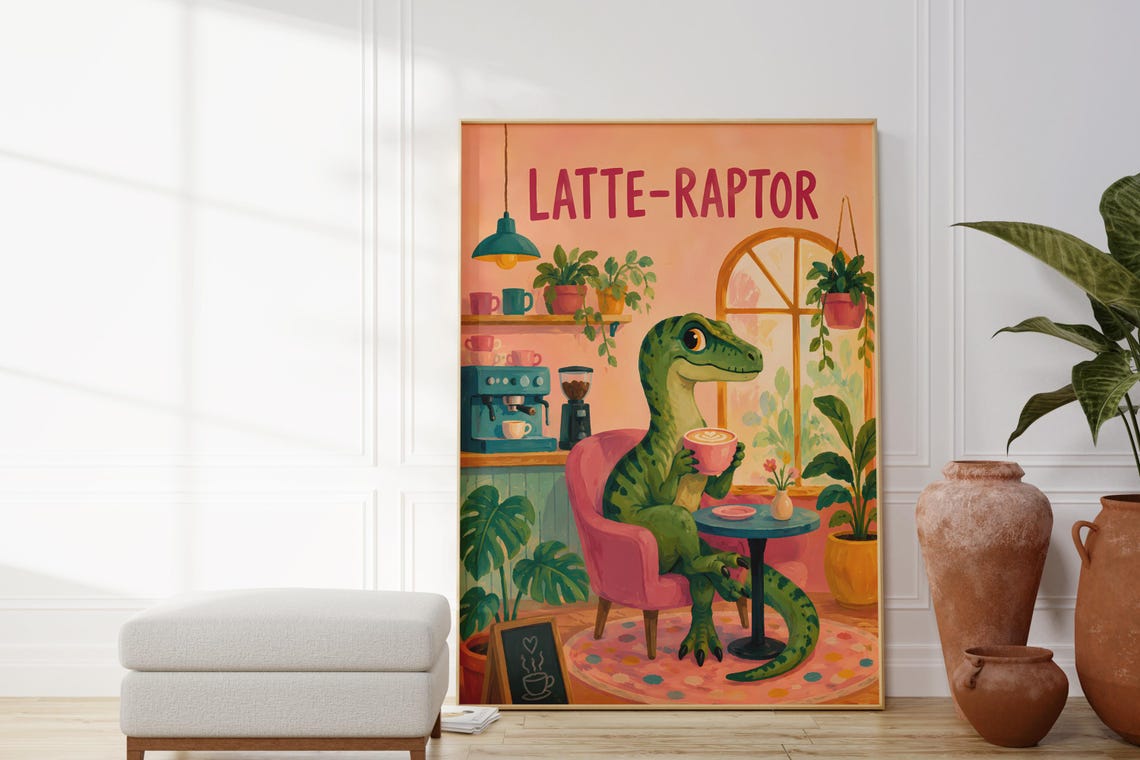 Latte Raptor Dinosaur Poster Funny Raptor Coffee Cafe Kitchen Art
