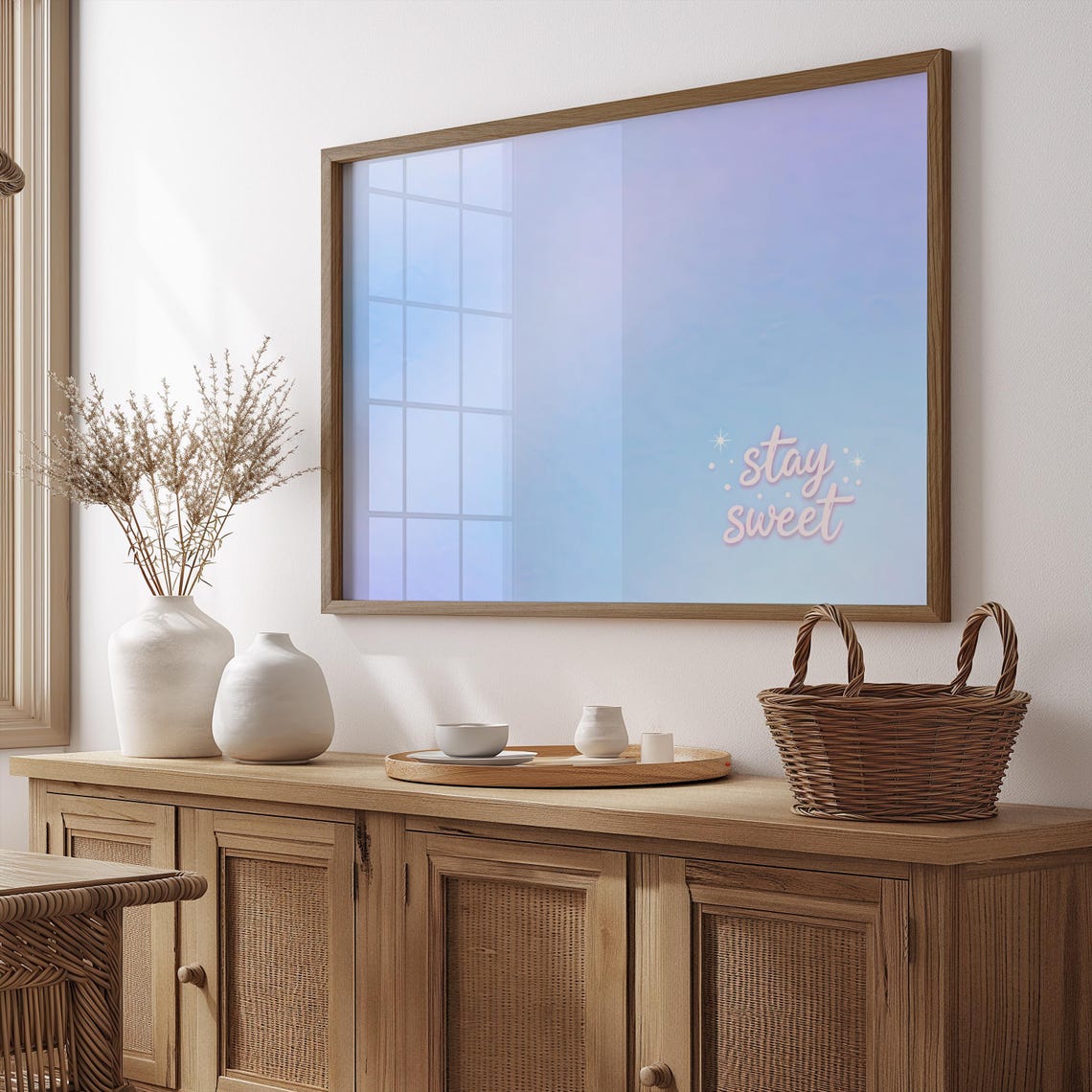 Stay Sweet Blue Aura Poster Horizontal Dreamy Pink Script Calm Decor