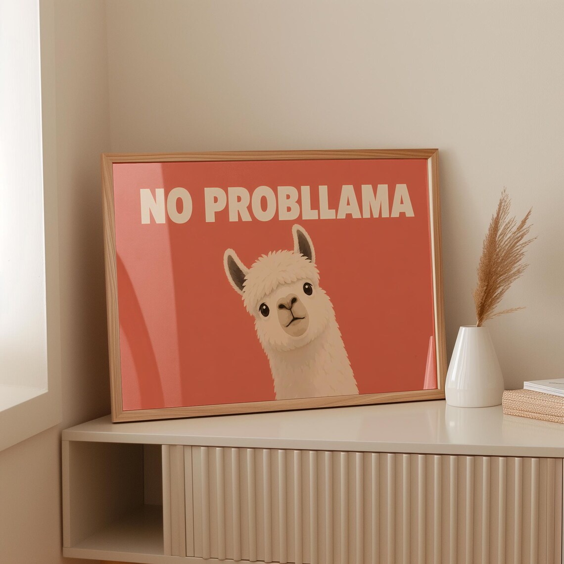 No Probllama Cute Llama Poster Orange Funny Animal Quote Wall Decor Gift