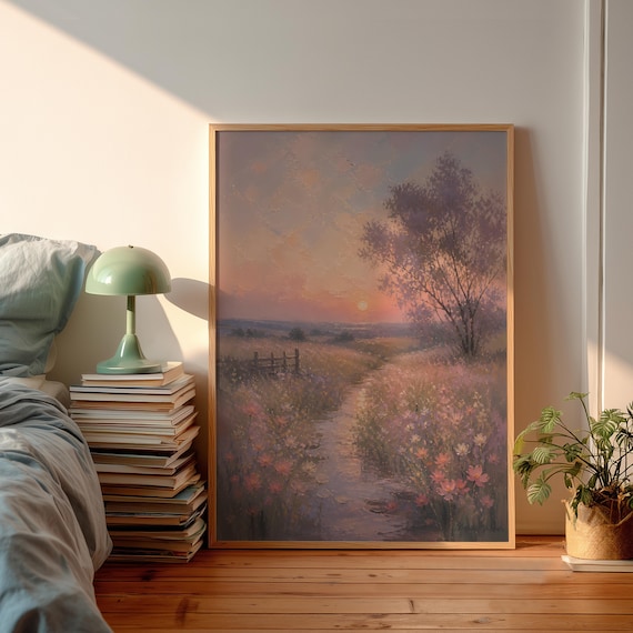 Pastel Sunset Wildflower Meadow Impressionist Landscape Oil Poster