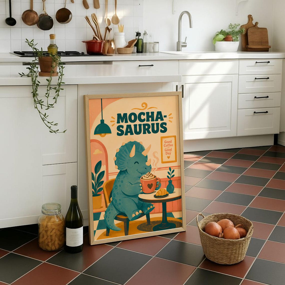 Mochasaurus Coffee Lover Cute Dinosaur Cafe Retro Art Poster