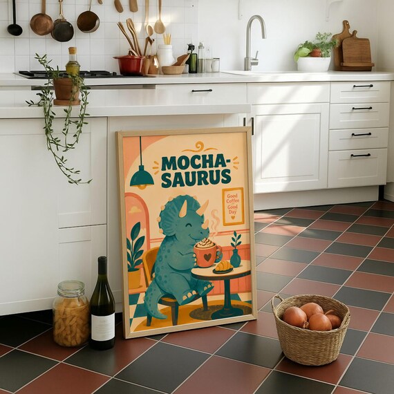 Mochasaurus Coffee Lover Cute Dinosaur Cafe Retro Art Poster