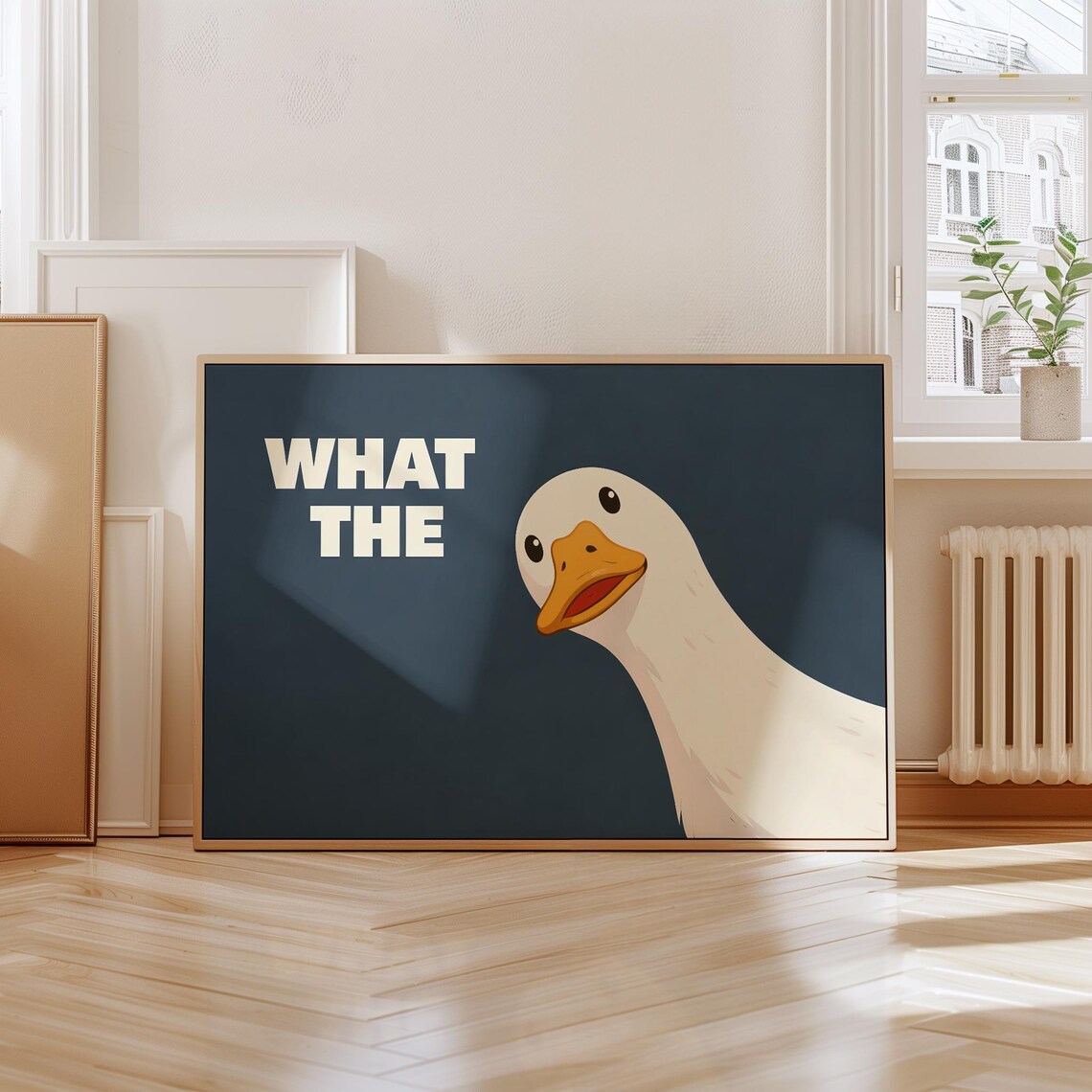 What The Funny Goose Navy Blue Minimalist Humorous Duck Wall Art