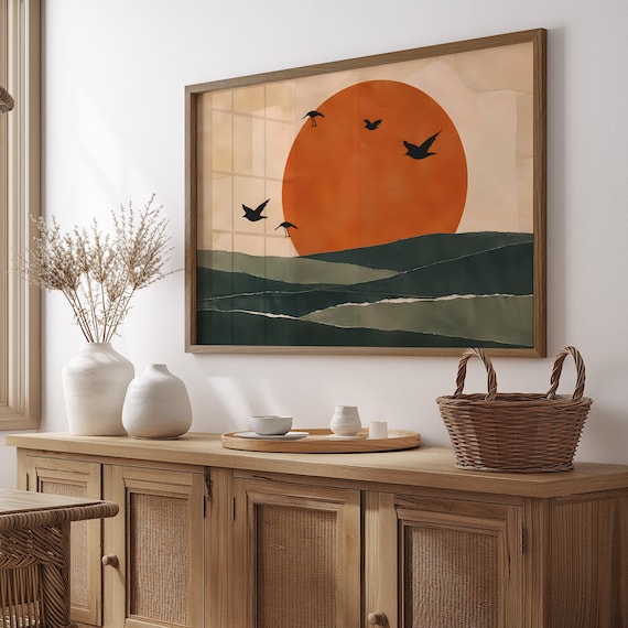Orange Sun With Birds Over Layered Green Hills Landscape Poster